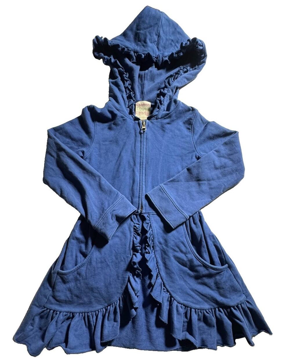 Lemon Loves Lime Girls 6 Blue Ruffle Hooded Zip Cotton Dress